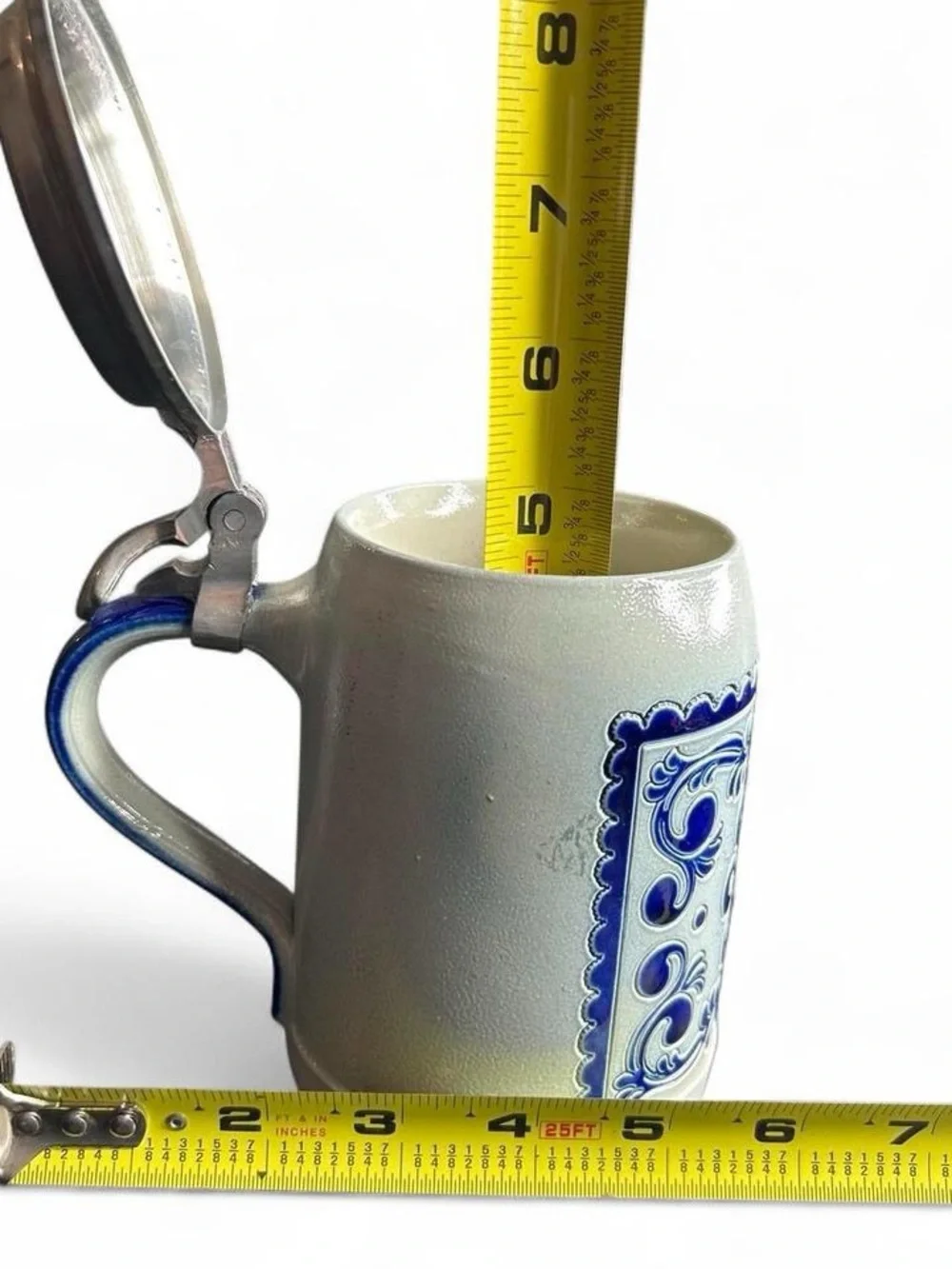 Goebel Merkelbach Blue and White Ceramic Stein with attached intact Pewter Lid